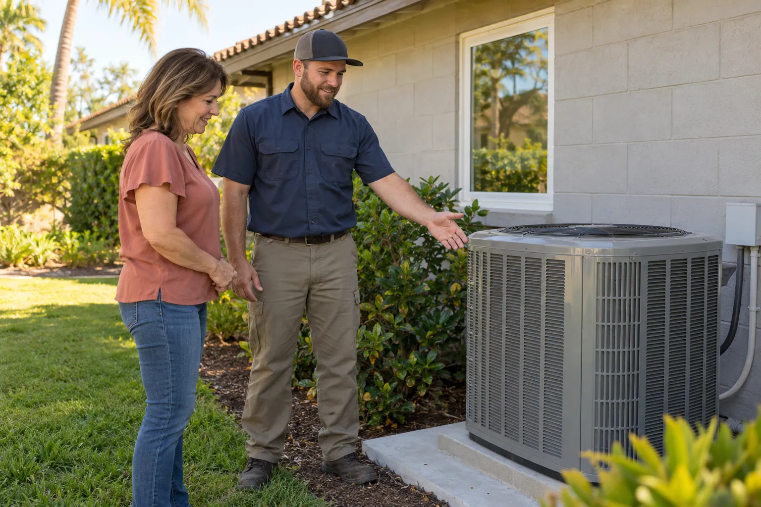 Friendly HVAC provider and homeowner reviewing a new outdoor AC unit beside a block home in the Tampa area