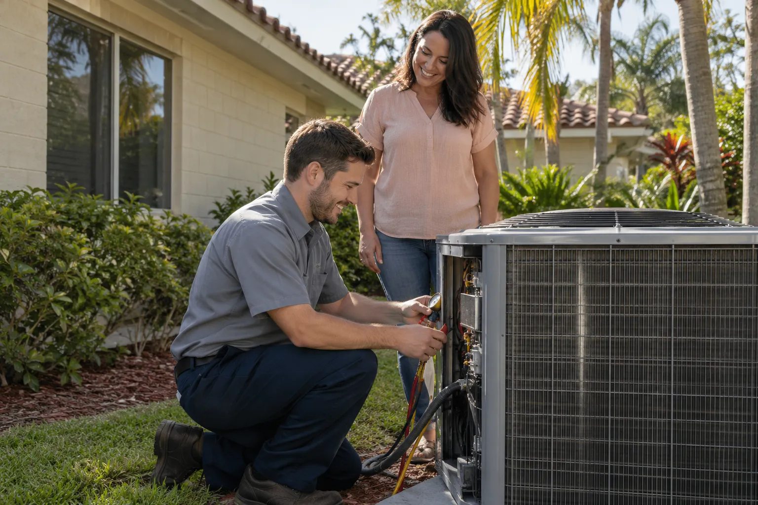 A local provider checking an outdoor air conditioner for a homeowner in Tampa