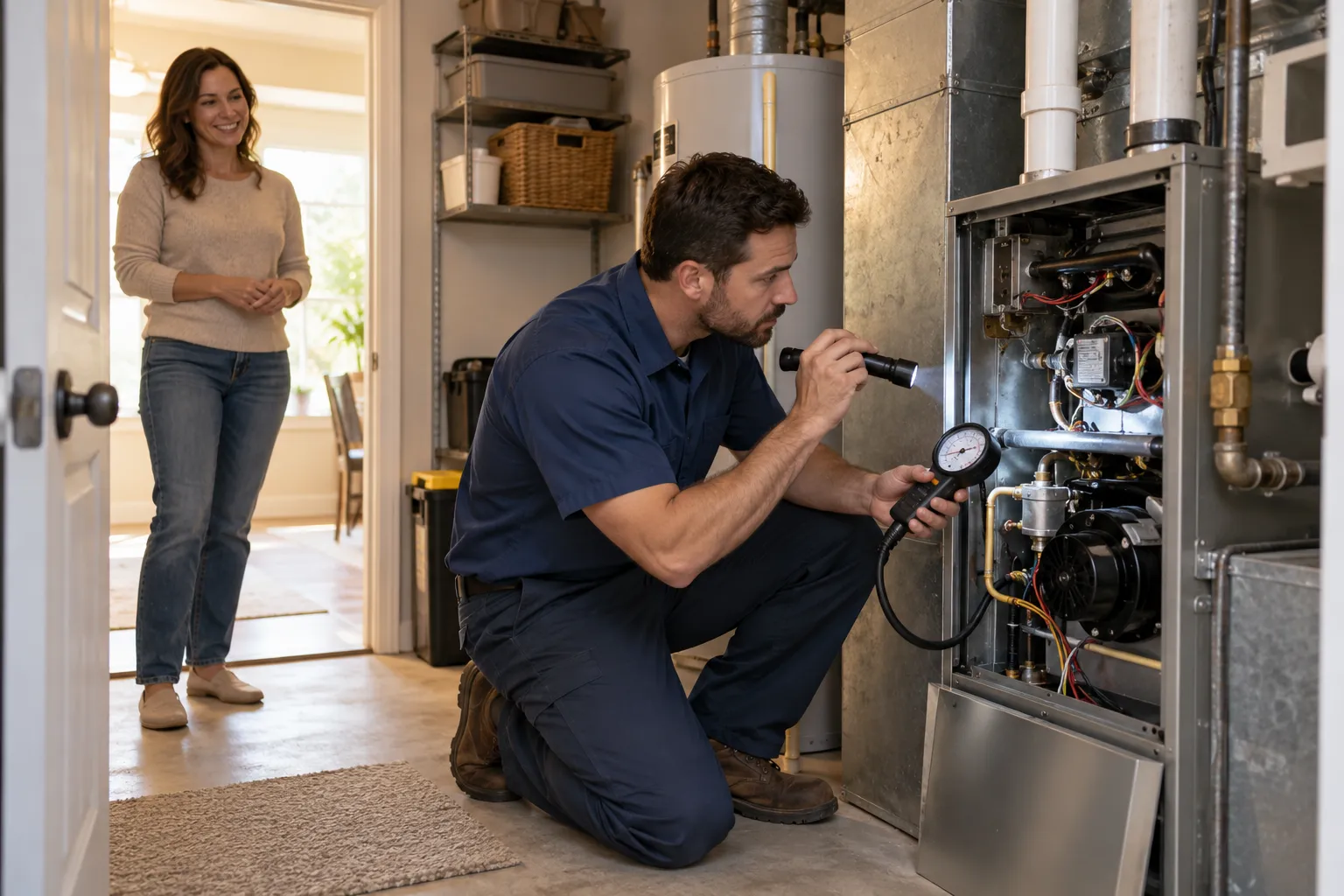 A local provider checking a home furnace while a homeowner watches nearby in the Tampa area