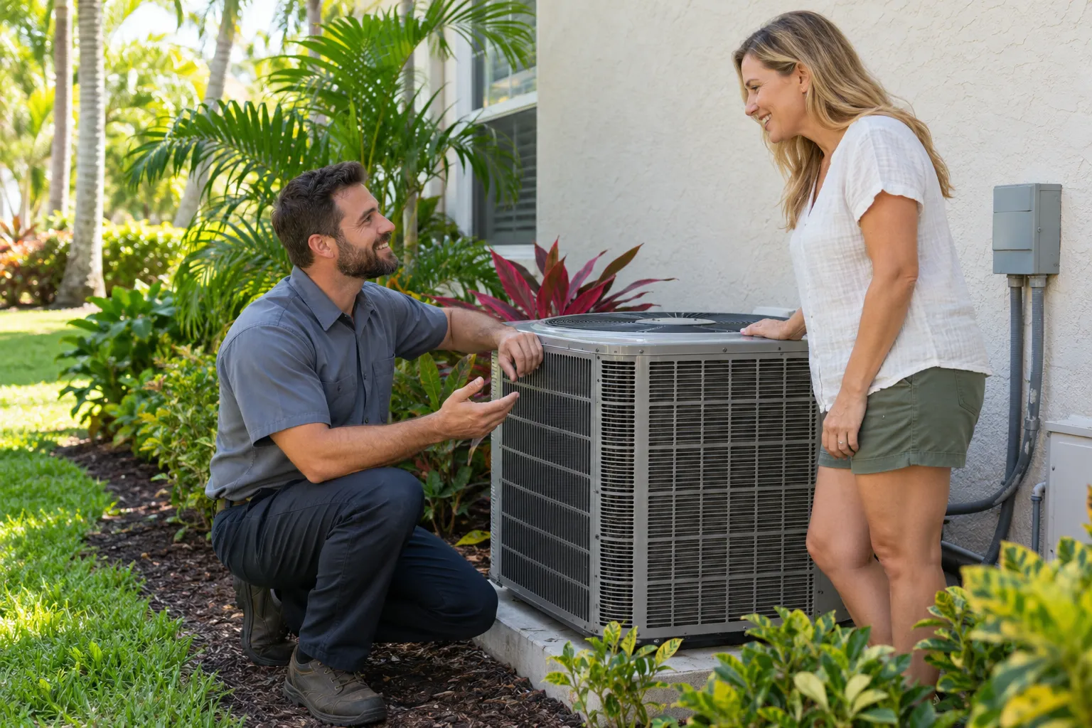A local HVAC provider looking over an outdoor AC unit in the Tampa area