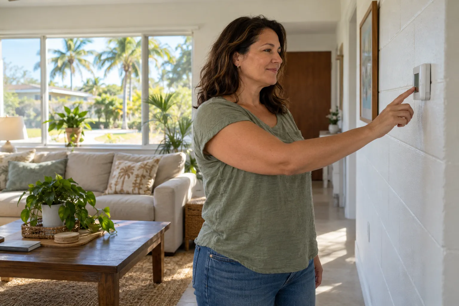 A homeowner in Tampa checking a thermostat on a warm day
